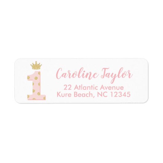 Princess First Birthday Pink Gold Glitter Adres Etiket (Voorkant)