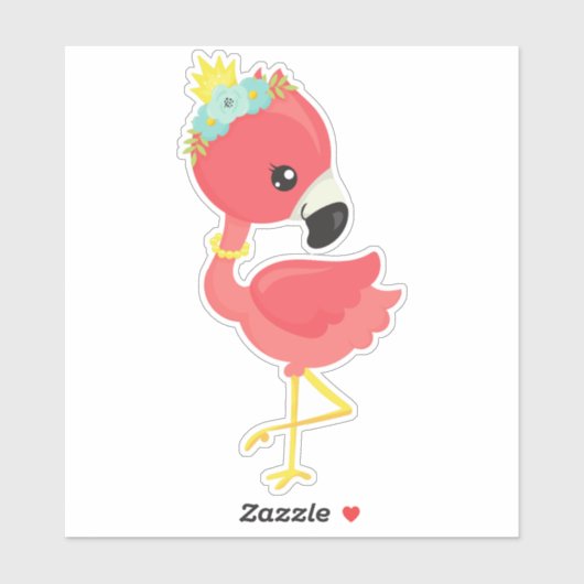 Princess Flamingo, Flowers, Crown, Cute Flamingo Sticker (Vel)
