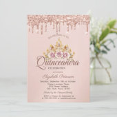 Princess Floral Crown Roos Gold Drips Quinceañera Kaart (Staand voorkant)