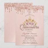 Princess Floral Crown Roos Gold Drips Quinceañera Kaart (Voorkant / Achterkant)