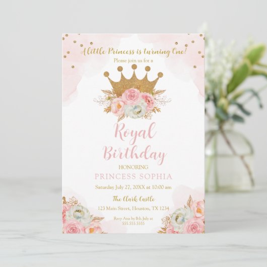 Princess Floral Pink & Gold Birthday Kaart (Staand voorkant)