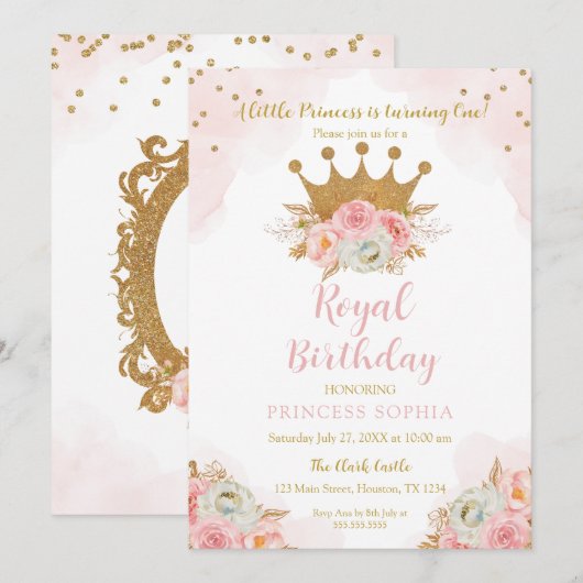 Princess Floral Pink & Gold Birthday Kaart (Voorkant / Achterkant)