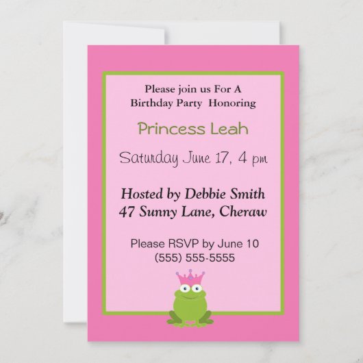 Princess Frog Birthday Invitation. Kaart (Voorkant)