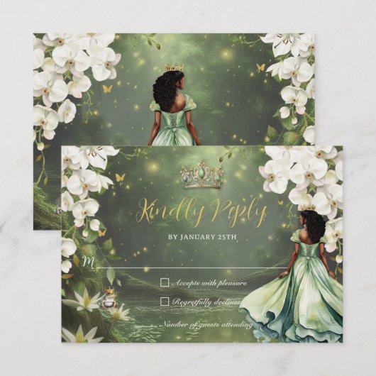Princess & Frog Green Dress Sweet 16 Quinceanera RSVP Kaartje (Voorkant / Achterkant)