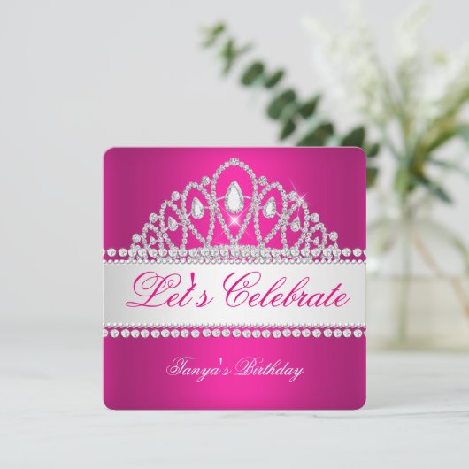 Princess Fuchsia White Diamond Tiara Birthday Kaart (Staand voorkant)