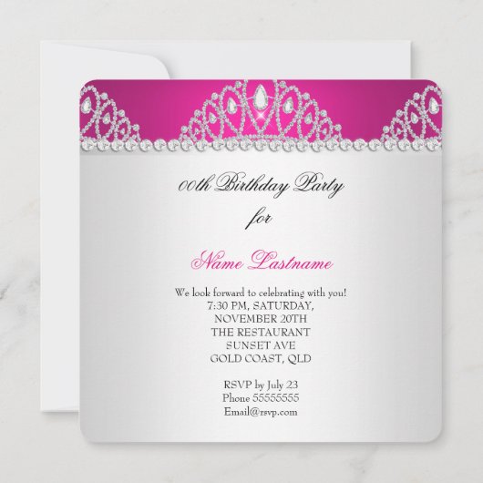 Princess Fuchsia White Diamond Tiara Birthday Kaart (Achterkant)