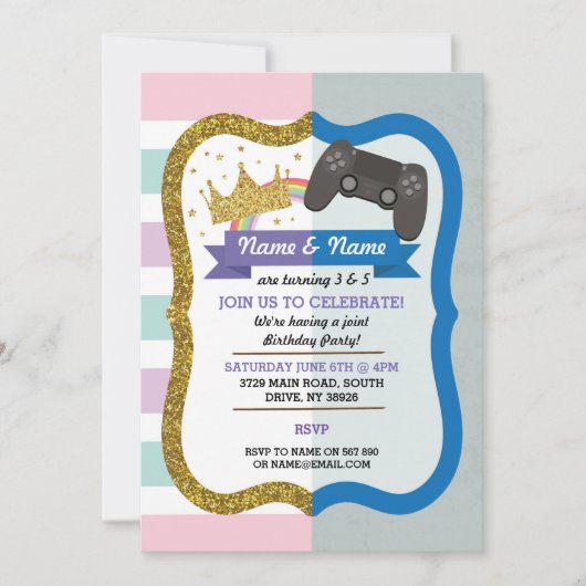 Princess & Gaming Joint Boy Girl Birthday Invites Kaart (Voorkant)