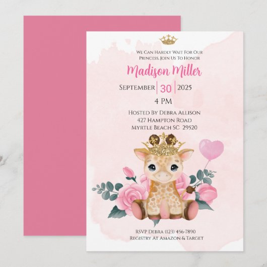 Princess Giraffe Pink Floral Baby shower Invitat Kaart (Voorkant / Achterkant)