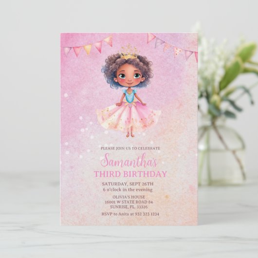 Princess Girl Afro-Amerikaanse Glitter Verjaardag Kaart (Staand voorkant)