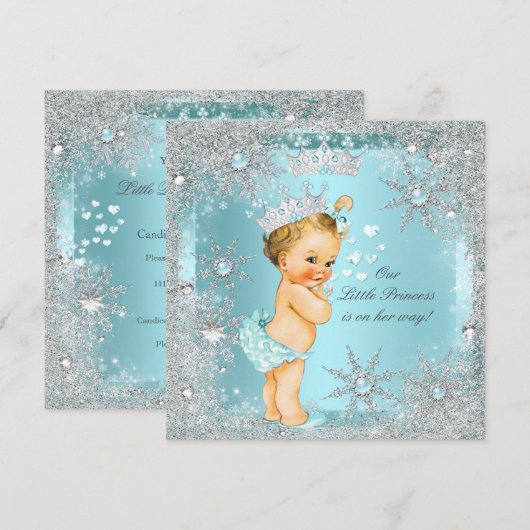 Princess Girl Baby shower Blauwgroen Blue Hearts B Kaart (Voorkant / Achterkant)