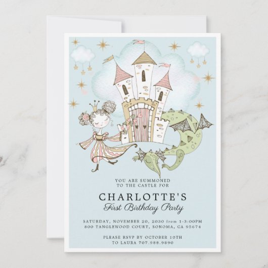 Princess Girl's Blue Gold 1st Birthday Invitation Kaart (Voorkant)