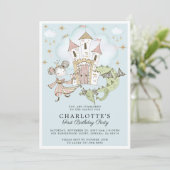 Princess Girl's Blue Gold 1st Birthday Invitation Kaart (Staand voorkant)