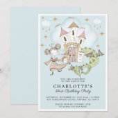 Princess Girl's Blue Gold 1st Birthday Invitation Kaart (Voorkant / Achterkant)