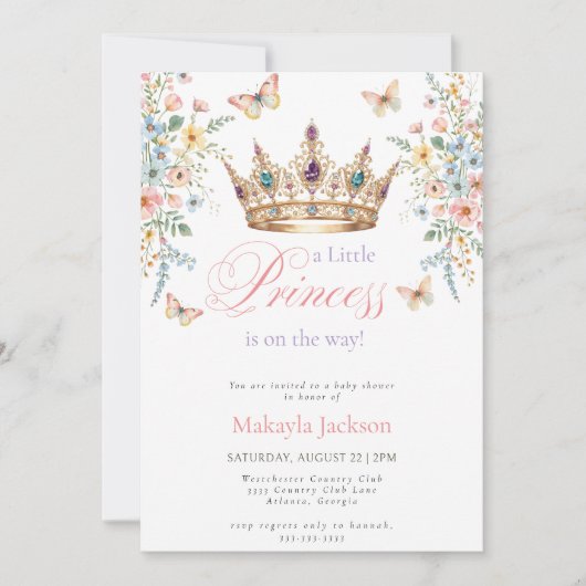 Princess Gold Crown Floral Butterfly Baby Shower Kaart (Voorkant)