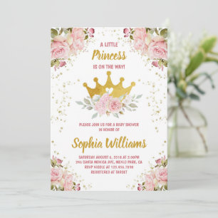 Princess Gold Crown Roze Bloemen Baby shower Kaart