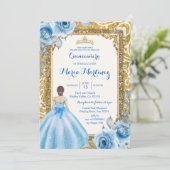 Princess Gold en Blue Roos Quinceanera Invitation Kaart (Staand voorkant)