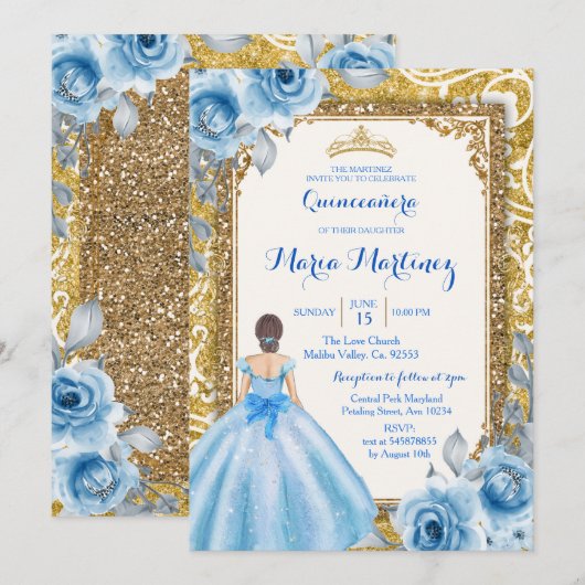 Princess Gold en Blue Roos Quinceanera Invitation Kaart (Voorkant / Achterkant)