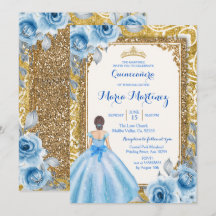 Princess Gold en Blue Roos Quinceanera Invitation