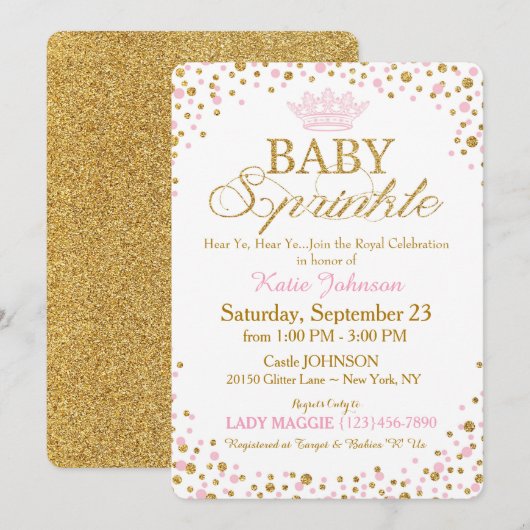 Princess Gold Glitter Sprinkle Baby shower Kaart (Voorkant / Achterkant)