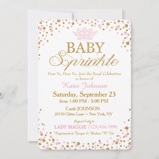 Princess Gold Glitter Sprinkle Baby shower Kaart (Voorkant)