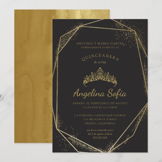Princess Gold Glitter Tiara Quinceanera Kaart (Voorkant / Achterkant)