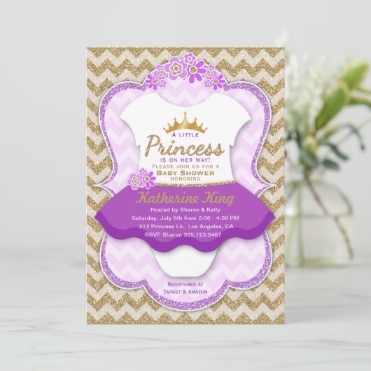 Princess Gold Glitter Tutu Baby shower Uitnodiging (Staand voorkant)