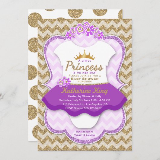 Princess Gold Glitter Tutu Baby shower Uitnodiging (Voorkant / Achterkant)