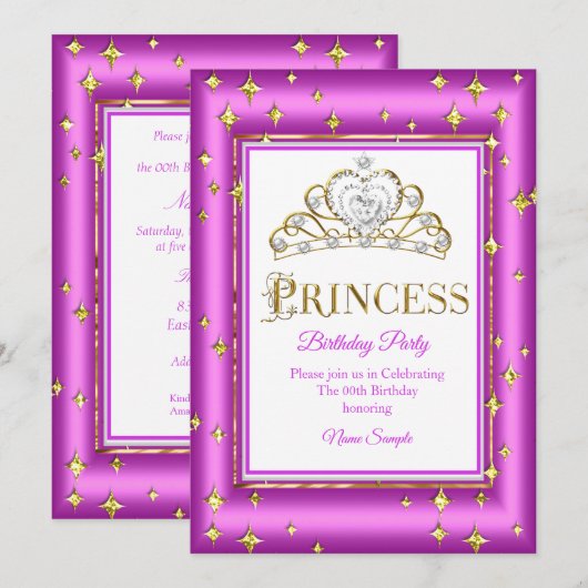 Princess Gold Paars Pink Birthday Party Kaart (Voorkant / Achterkant)