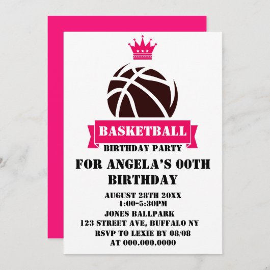 Princess Hot Pink Basketball Birthday Party Invite (Voorkant / Achterkant)