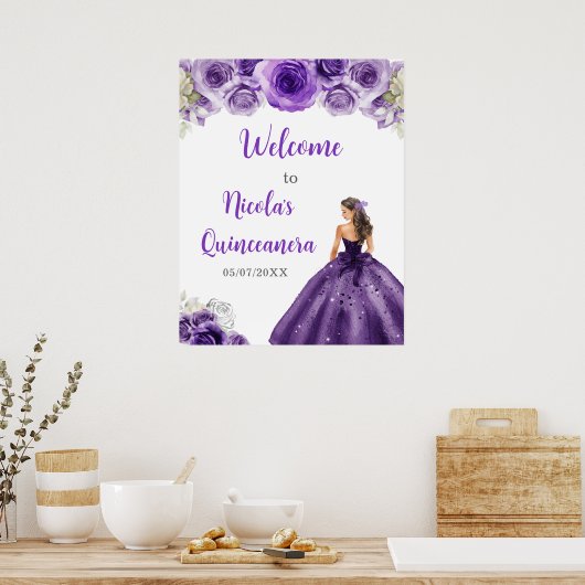 Princess in Dark Paarse Dress Quinceanera Welkom Poster (Keuken)