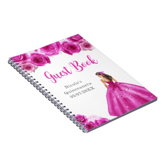 Princess in Hot Pink Dress Quinceanera Gastboek Notitieboek (Rechterzijde)