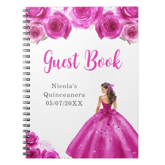 Princess in Hot Pink Dress Quinceanera Gastboek Notitieboek (Voorkant)