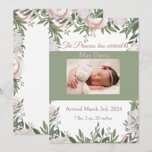 Princess is aangekomen in de roze waterverf tuin aankondiging (Voorkant / Achterkant)