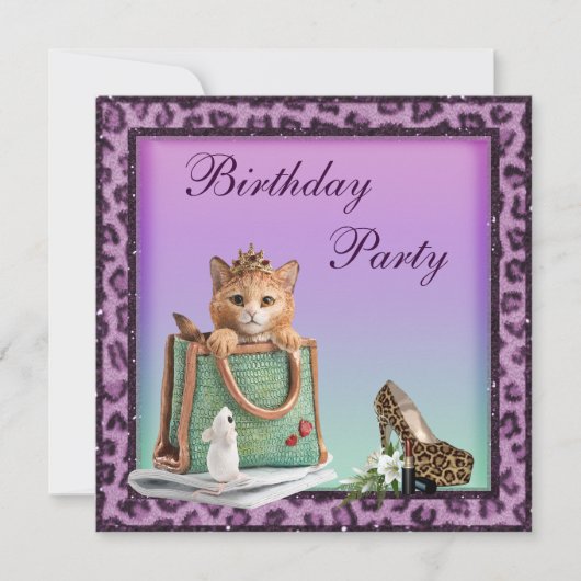 Princess Kitten Paarse Faux Leopard Fur Birthday Kaart (Voorkant)