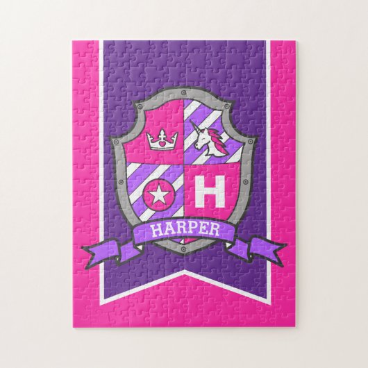 Princess knight crest gepersonaliseerd roze paars legpuzzel (Verticaal)