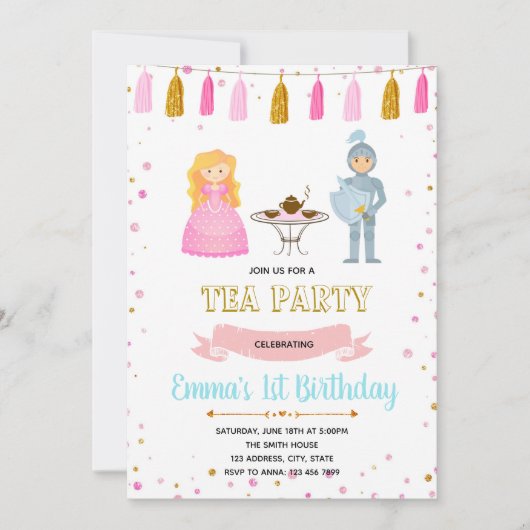 Princess knight tea party verjaardaguitnodiging kaart (Voorkant)