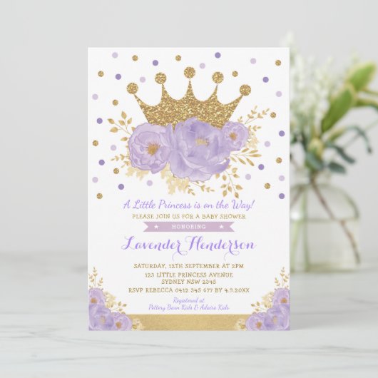 Princess Lavender Gold Floral Crown Baby shower Kaart (Staand voorkant)