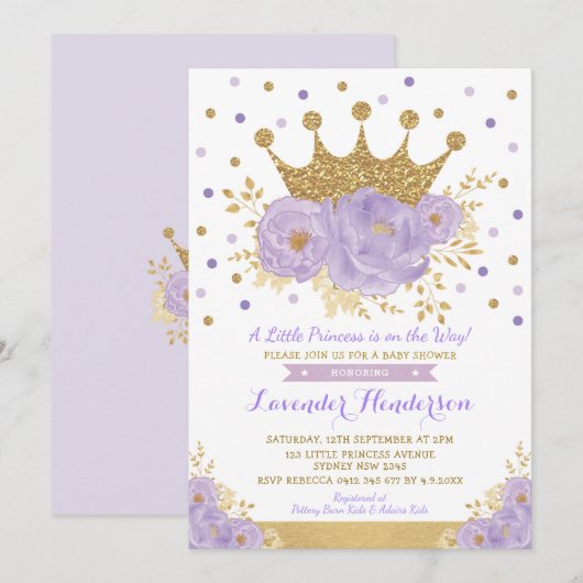 Princess Lavender Gold Floral Crown Baby shower Kaart (Voorkant / Achterkant)