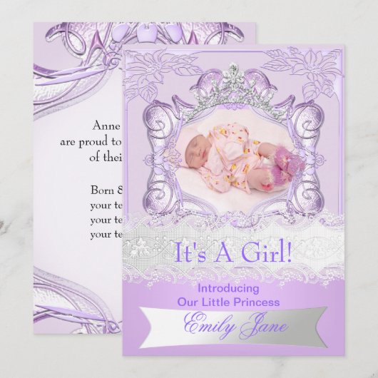 Princess Lila New Baby Girl aankondiging Foto (Voorkant / Achterkant)