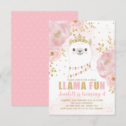 Princess Llama Birthday / Pink Gold Fiesta Party Kaart (Voorkant / Achterkant)