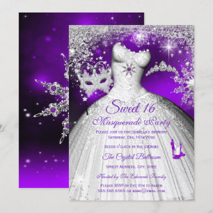 Princess Masquerade Sweet 16 Paarse Silver Party Kaart