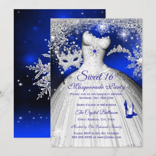 Princess Masquerade Sweet 16 Royal Blue Silver Kaart (Voorkant / Achterkant)