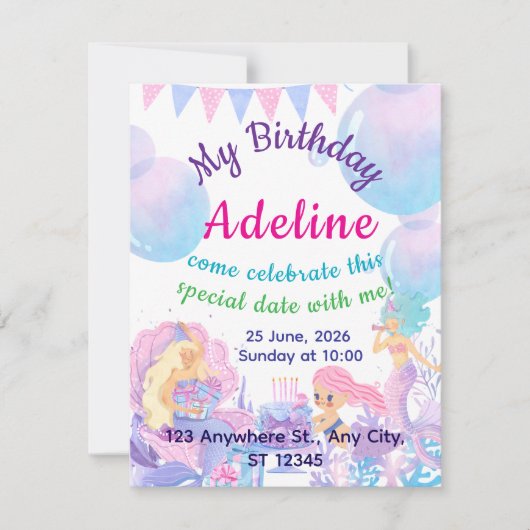 Princess & Mermaid Birthday Invitation Card (Voorkant)
