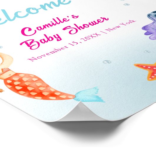 Princess Mermaid Ocean Coral Baby shower Welkom Poster (Hoek)
