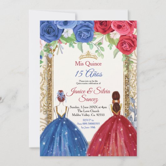 Princess Navy en Burgundy Quinceanera Invitation Kaart (Voorkant)