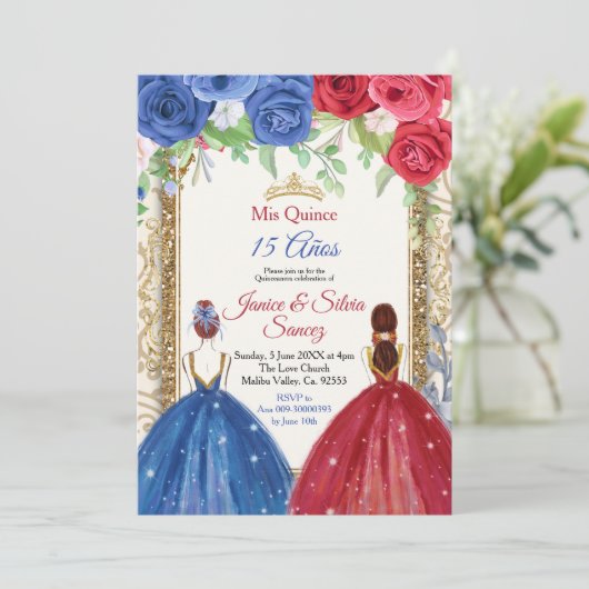 Princess Navy en Burgundy Quinceanera Invitation Kaart (Staand voorkant)