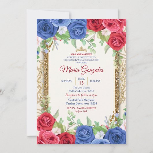 Princess Navy en Burgundy Quinceanera Invitation Kaart (Voorkant)