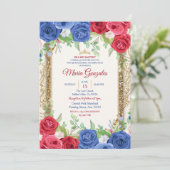 Princess Navy en Burgundy Quinceanera Invitation Kaart (Staand voorkant)