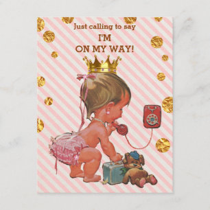 Princess on Phone Stripes Gold Spots Baby shower Kaart