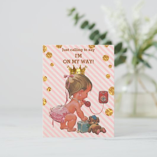Princess on Phone Stripes Gouden Vlekken Baby show Kaart (Staand voorkant)